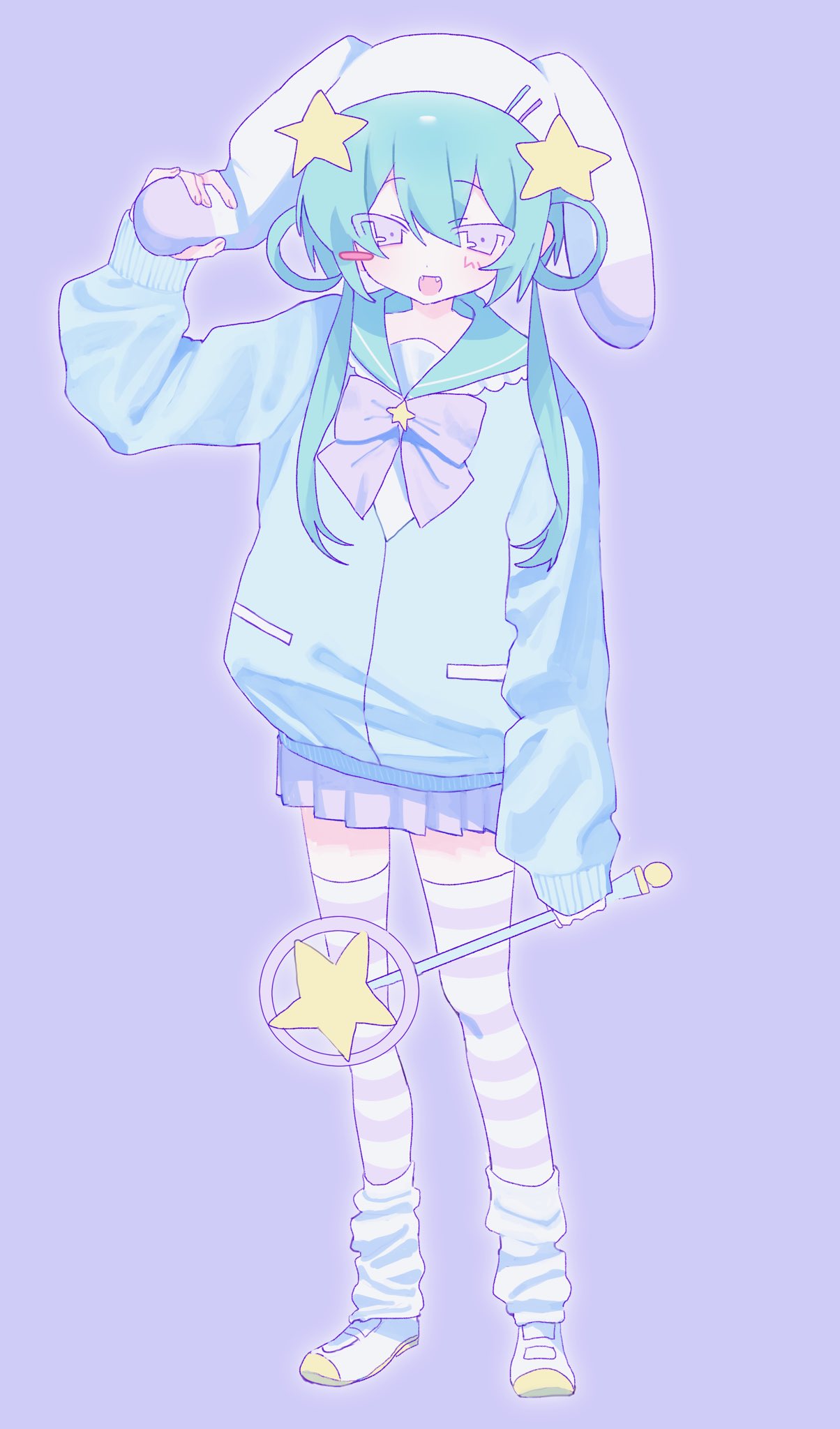1girl, animal_ears, animal_hat, aqua_hair, bow, bowtie, fake_animal_ears, full_body
