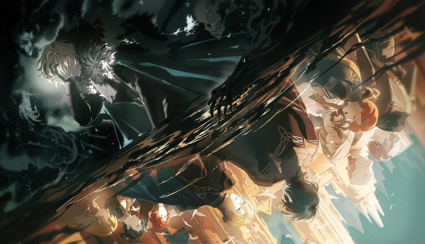 annette_fantine_dominic, armor, ashe_ubert, bird, black_armor, black_cloak, black_hair, blonde_hair, blue_cloak, blunt_bangs, byleth_(fire_emblem), byleth_(male)_(fire_emblem), cityscape, cloak, closed_eyes, clouds, cloudy_sky, dedue_molinaro, dimitri_alexandre_blaiddyd, dual_persona, felix_hugo_fraldarius, fire_emblem, fire_emblem:_three_houses, fur_trim, garreg_mach_monastery_uniform, green_hair, grey_hair, hair_between_eyes, hair_over_eyes, hand_on_own_face, hand_to_own_mouth, haunted, highres, hood, hoodie, ingrid_brandl_galatea, kneeling, laughing, living201882687, looking_at_another, mercedes_von_martritz, orange_hair, pain, parted_lips, shirt, skull, sky, smile, storm, sylvain_jose_gautier, water, white_fur, white_hair