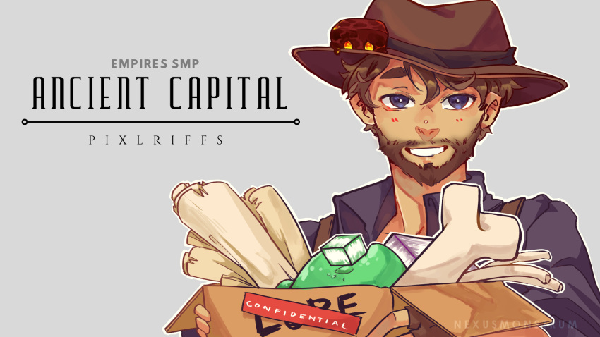 1boy, beard, blush, bone, box, brown_hair, character_name, copyright_name, empires_smp, english_text, facial_hair, grey_background, hat, highres, holding, holding_box, looking_at_viewer, magma_cube, male_focus, minecraft, minecraft_youtube, nexusmonstrum, pixlriffs, pixlriffs_(archaeologist), purple_hat, smile, solo, tan, violet_eyes