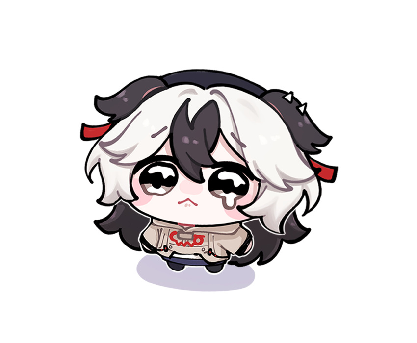 1girl, :<, animal_ears, black_hair, brown_jacket, chibi, commentary_request, coralie_(honkai_impact)