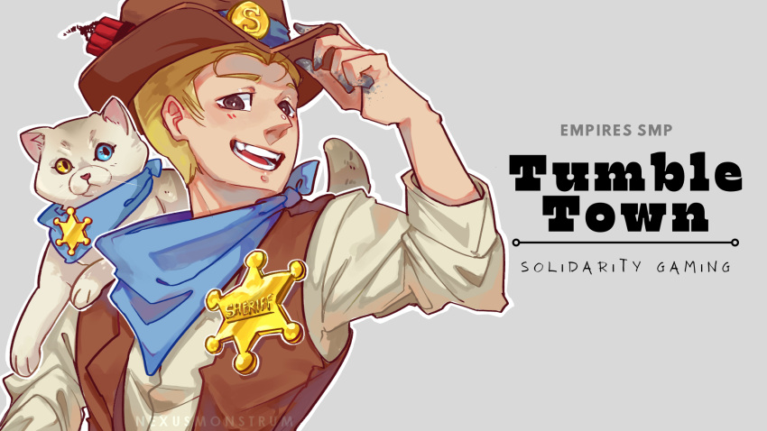 1boy, adjusting_clothes, adjusting_headwear, animal, animal_on_shoulder, blonde_hair, brown_eyes, cat, character_name, copyright_name, cowboy, cowboy_hat, deputy_norman, empires_smp, english_text, explosive, hat, heterochromia, highres, male_focus, minecraft_youtube, neckerchief, nexusmonstrum, open_mouth, outline, sheriff_badge, smile, solidaritygaming, solidaritygaming_(sheriff), solo, tail, tnt, vest, watermark, white_outline