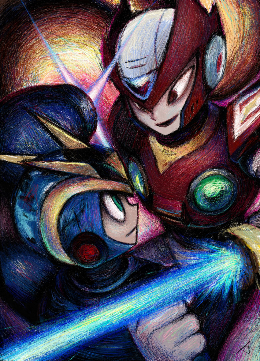 2boys, android, arm_cannon, armor, blue_armor, blue_helmet, chest_jewel, energy_blade