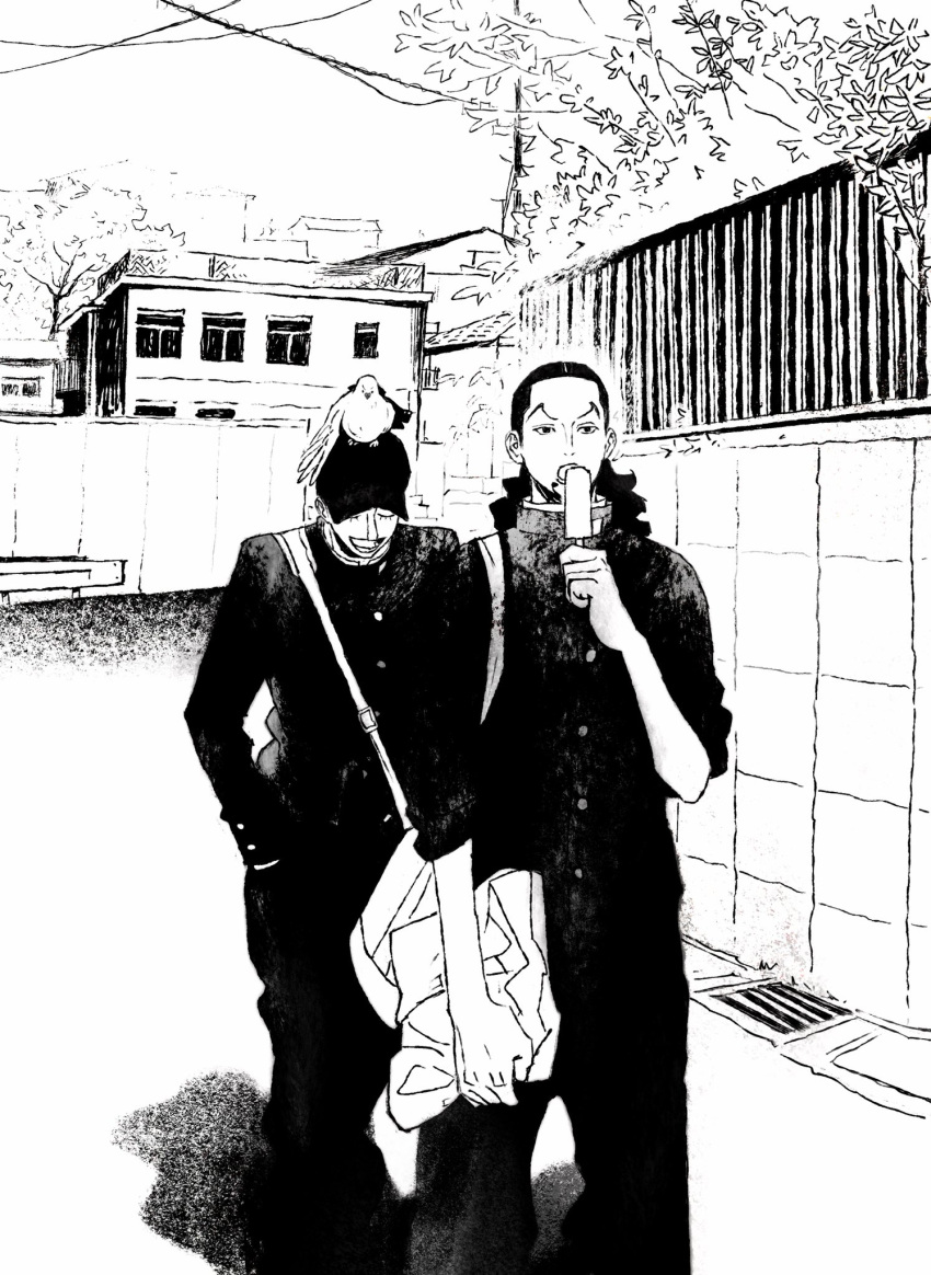 2boys, animal_on_head, arm_up, bag, baseball_bat, bird, bird_on_head, black_baseball_cap