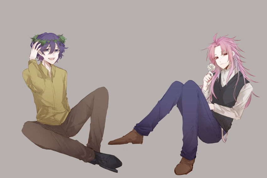 2boys, ahoge, black_footwear, black_vest, blue_eyes, blue_hair, blue_pants, brown_footwear