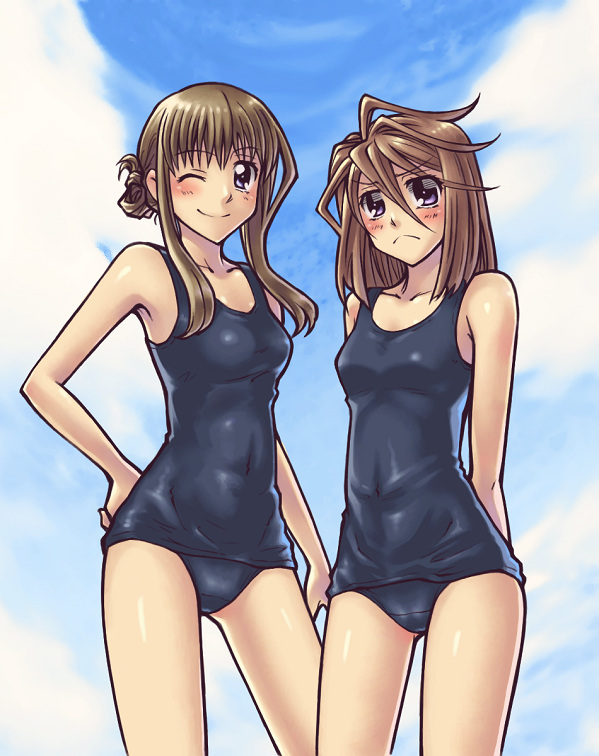 blush, brown_eyes, brown_hair, hayate_x_blade, kuga_jun, kurogane_hayate, long_hair, multiple_girls