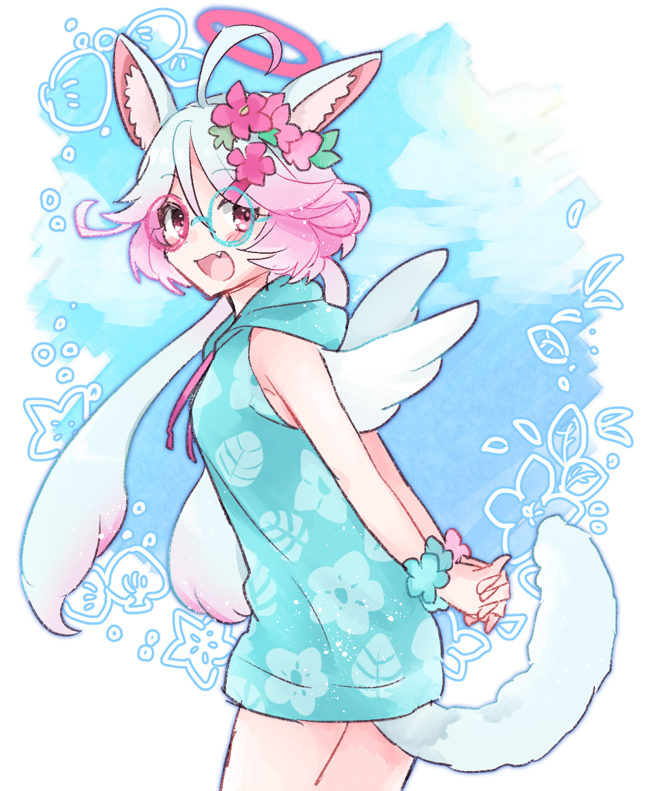 1girl, :d, ahoge, angel_wings, animal_ear_fluff, animal_ears, arms_behind_back, blue_hair