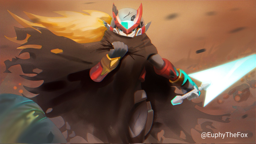 1boy, anaglyph, android, armor, black_bodysuit, black_gloves, black_helmet, blonde_hair