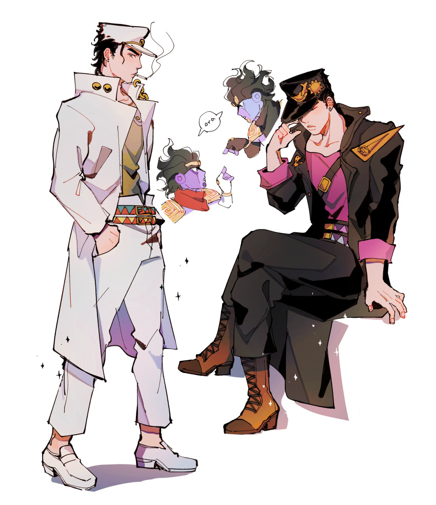 1boy, 1other, absurdres, belt, black_coat, black_hat, black_jacket, black_pants, boots, brown_footwear, cigarette, coat, commentary, crossed_legs, hands_in_pockets, hat, highres, jacket, jojo_no_kimyou_na_bouken, kujo_jotaro, oratoza, pants, seirorath, short_hair, simple_background, smoke, stand_(jojo), standing, star_platinum, symbol-only_commentary, white_background, white_coat, white_hat, white_jacket, white_pants