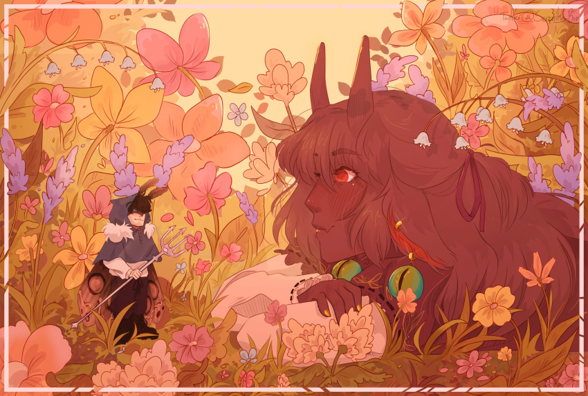1boy, 1girl, absurdres, antennae, black_hair, black_skin, border, colored_skin