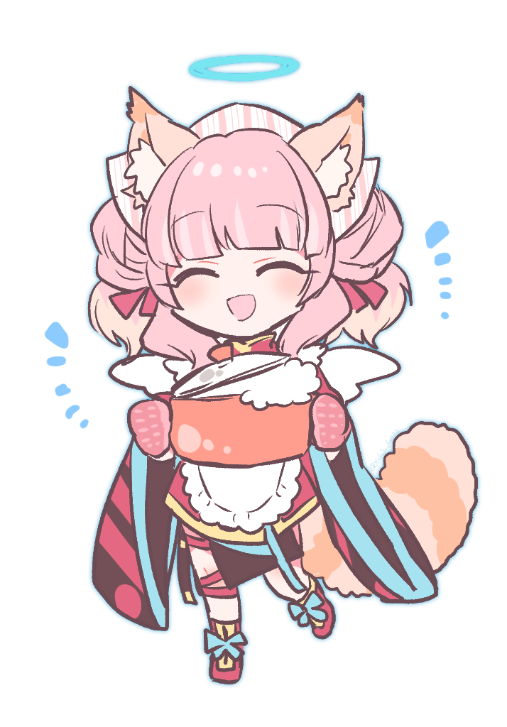 1girl, ^_^, apron, blunt_bangs, closed_eyes, double_bun, facing_viewer, full_body, hair_bun, hair_ribbon, halo, holding_cooking_pot, leppanyo_(show_by_rock!!), mikan_tabetai, no_nose, open_mouth, oven_mitts, pink_hair, red_footwear, red_panda_ears, red_panda_girl, red_panda_tail, ribbon, short_hair, show_by_rock!!, simple_background, solo, white_apron, white_background, wings