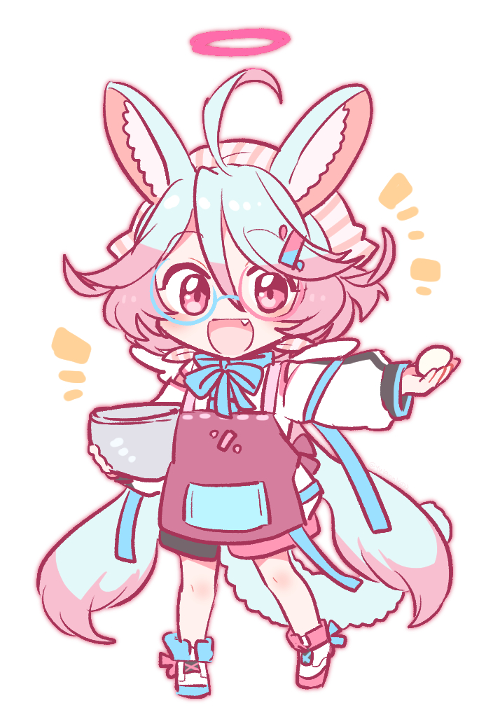 1girl, :d, ahoge, animal_ear_fluff, animal_ears, apron, blue_hair, bowl