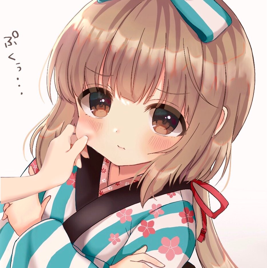 1girl, 1other, blue_kimono, blue_ribbon, blunt_bangs, blush, bow, breasts