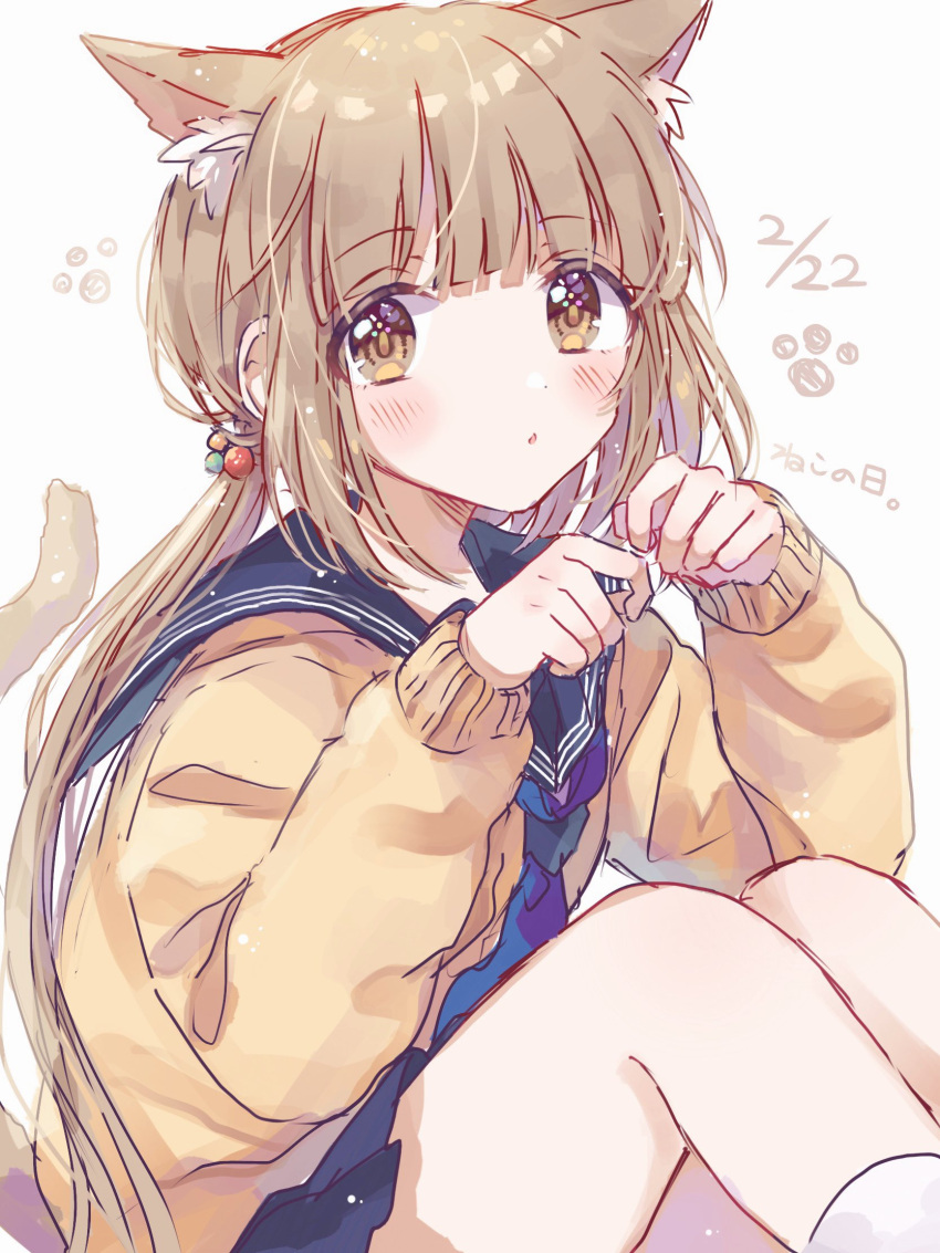 1girl, animal_ear_fluff, animal_ears, blue_neckerchief, blue_sailor_collar, blue_serafuku, blue_skirt, blunt_bangs
