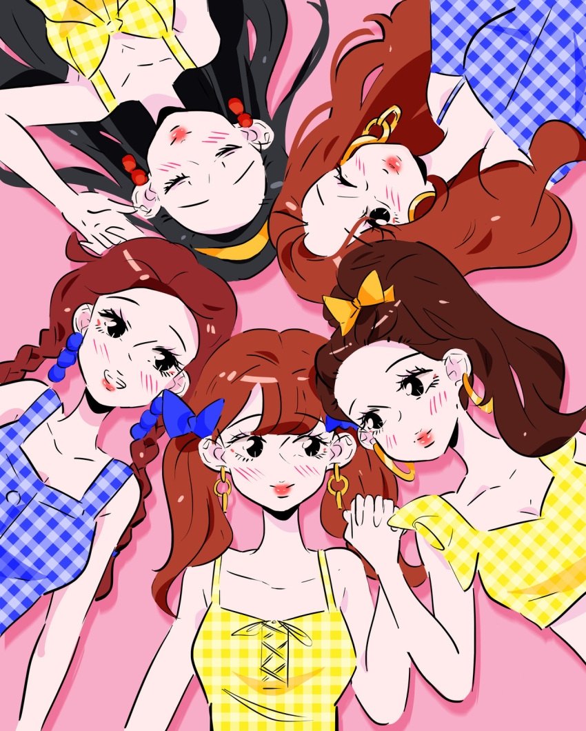 5girls, blue_shirt, blush, braided_twintails, brown_hair, closed_eyes, commentary, crop_top