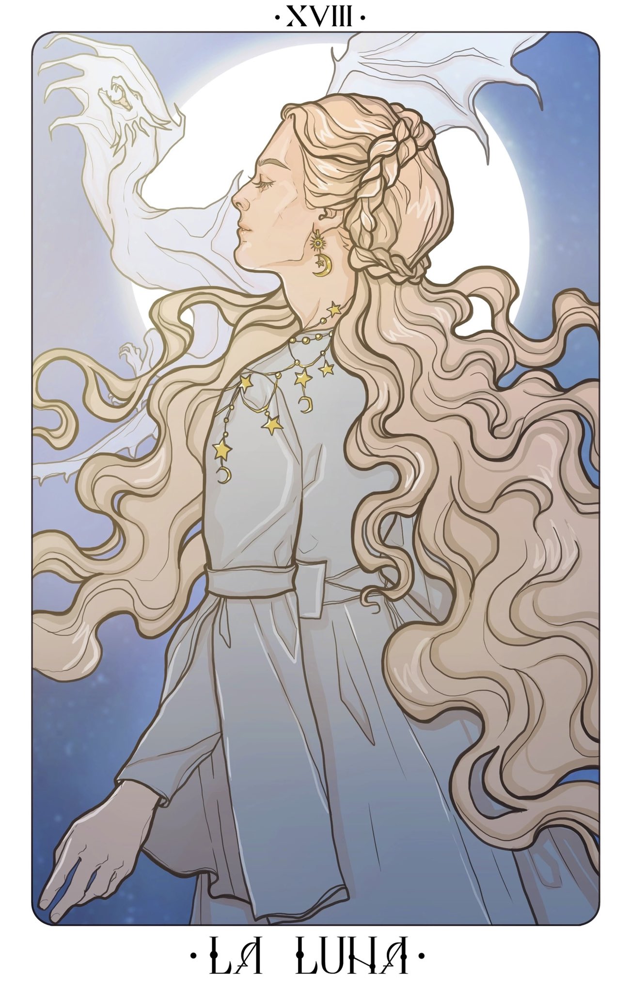 1girl, a_song_of_ice_and_fire, blonde_hair, blue_background, border, curly_hair, dragon, dress, from_side, helaena_targaryen, highres, house_of_the_dragon, jewelry, kotneumann, latin_text, long_hair, long_sleeves, moon, roman_numeral, simple_background, solo, tarot, tarot_(medium), very_long_hair, wavy_hair, white_border