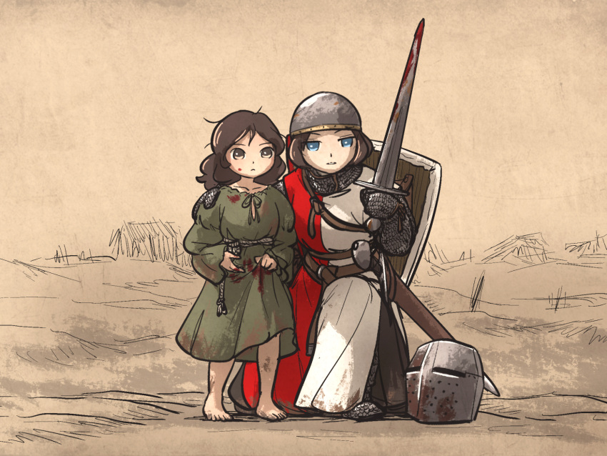2girls, aged_down, armor, bassinet, belt, blood, blood_on_clothes, blood_on_face, blood_splatter, blue_eyes, brown_hair, chainmail, dirty, dirty_clothes, gambeson, gloves, helmet, highres, holding, holding_weapon, ironlily, lady_lucerne_(ironlily), lady_merle_(ironlily), long_hair, medieval, multiple_girls, ordo_mediare_sisters_(ironlily), scabbard, sheath, sheathed, surcoat, sword, unworn_headwear, unworn_helmet, weapon