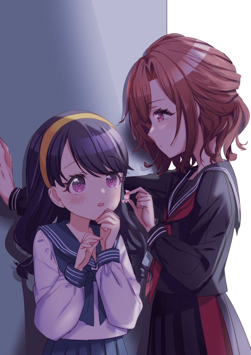 2girls, against_wall, black_hair, black_sailor_collar, black_serafuku, black_shirt, black_skirt, blue_sailor_collar