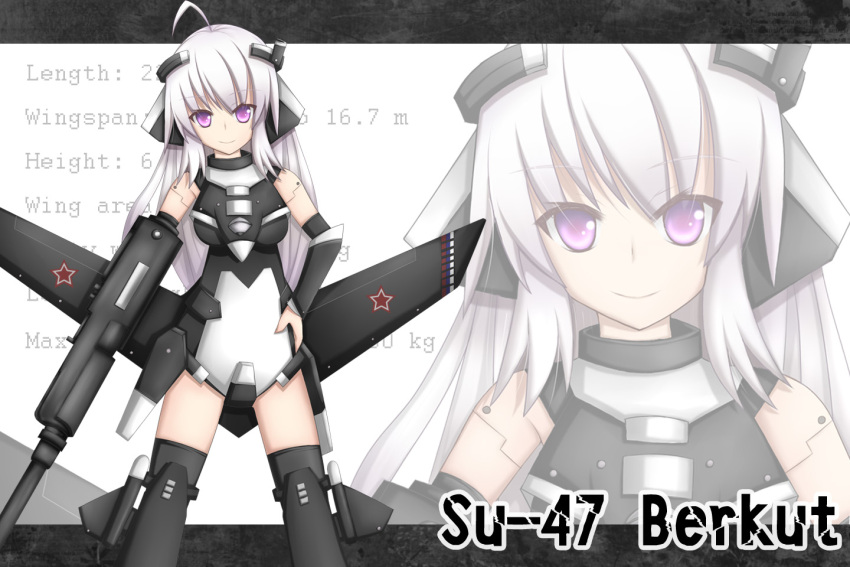 arm_cannon, hand_on_hip, jet, mecha_musume, original, personification, purple_eyes, sioame