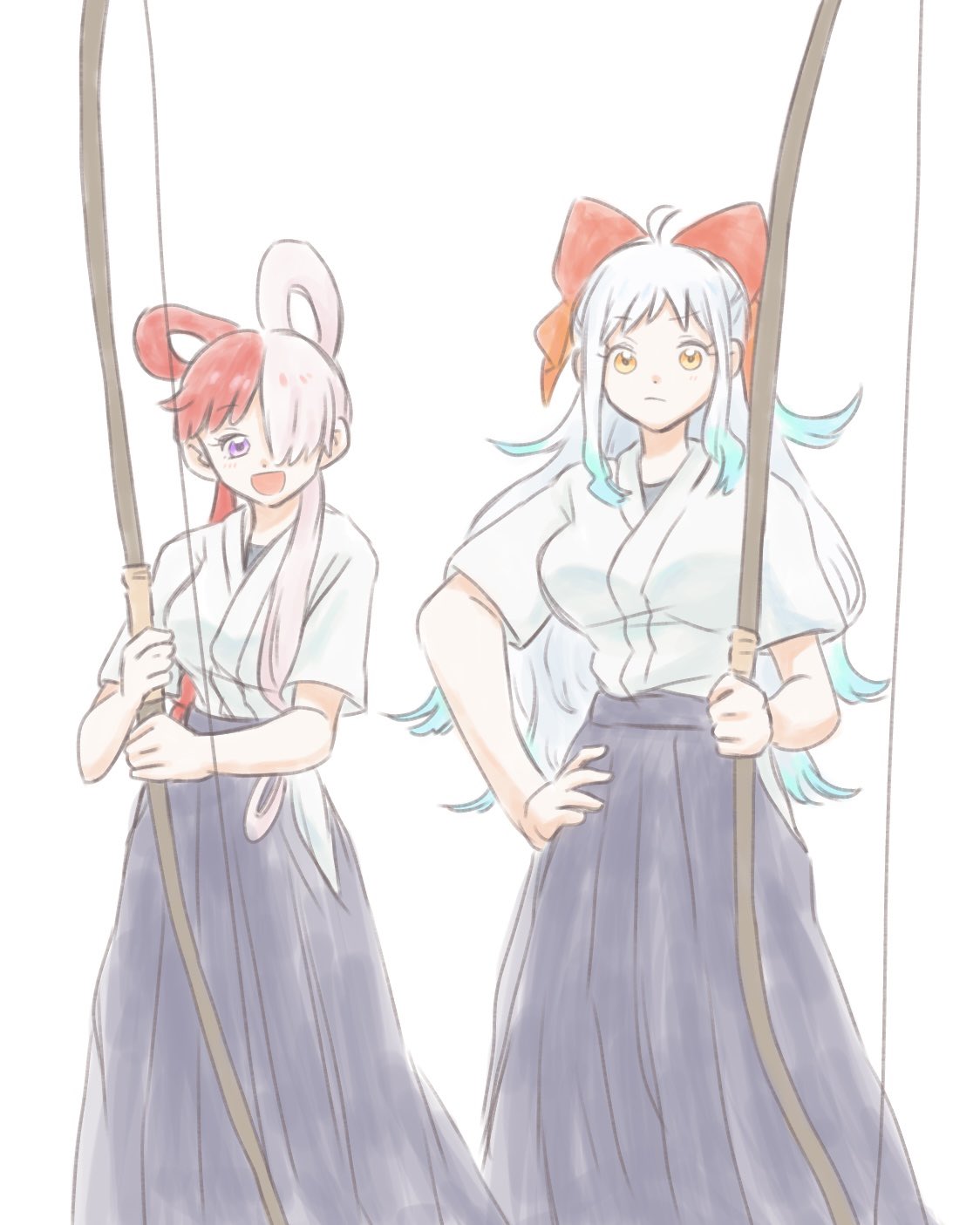 0h_my_god, 2girls, ahoge, blue_hair, bow_(weapon), commentary_request, hair_over_one_eye, hair_ribbon, hakama, hand_on_own_hip, highres, holding, holding_bow_(weapon), holding_weapon, japanese_clothes, kimono, looking_at_viewer, multiple_girls, one_piece, redhead, ribbon, sidelocks, simple_background, smile, twintails, uta_(one_piece), weapon, white_background, white_hair, white_kimono, yamato_(one_piece)