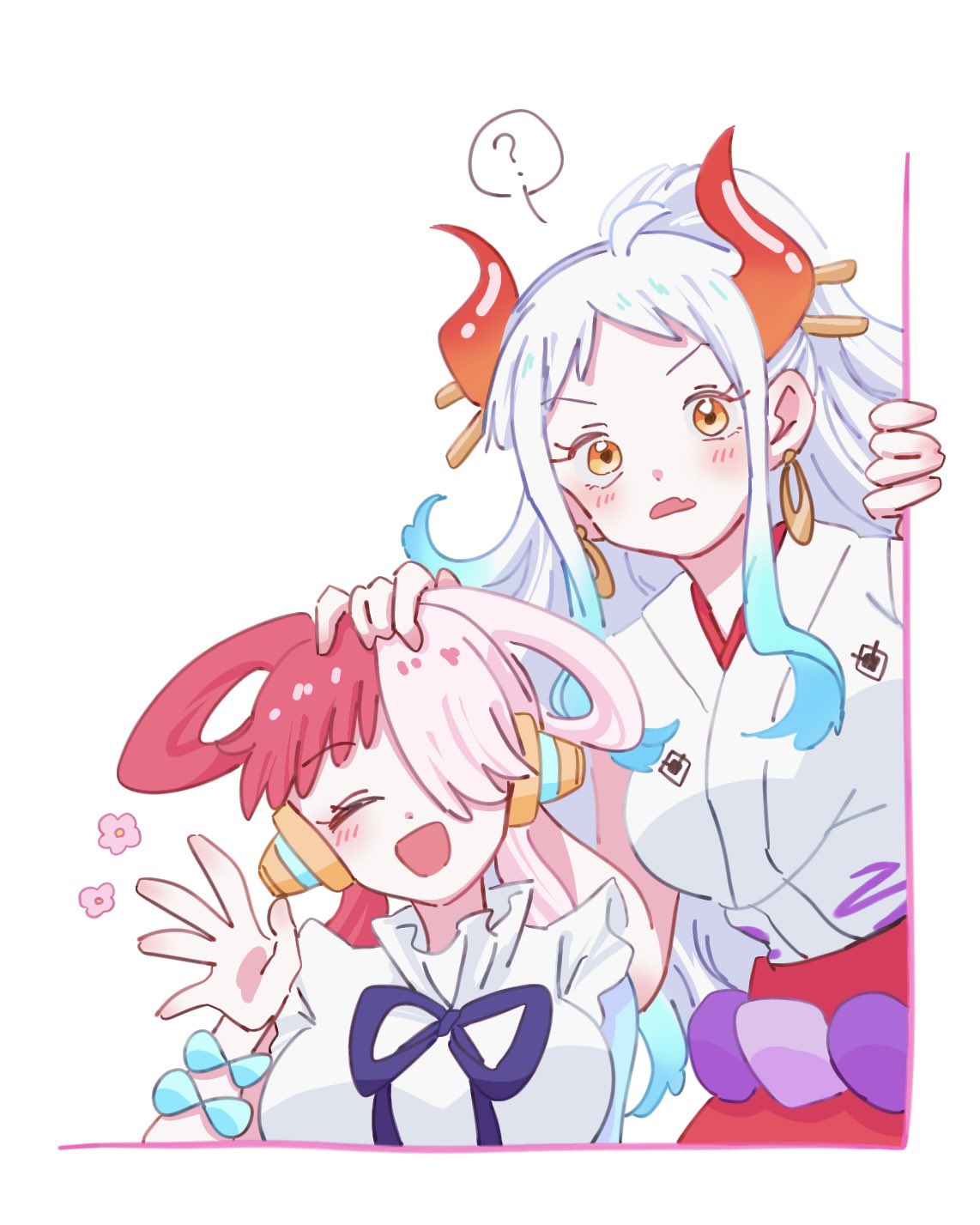 0h_my_god, 2girls, blue_hair, commentary_request, dress, earrings, hair_ornament, hair_over_one_eye