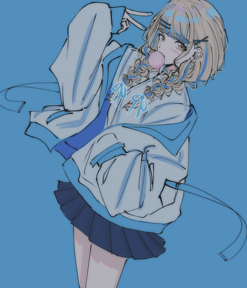 1girl, 28ki_00, blonde_hair, blue_background, blue_hair, blue_skirt, blue_theme, blush, braid, chewing_gum, commentary, fingernails, fujita_kotone, gakuen_idolmaster, hair_ribbon, hand_in_pocket, highres, idolmaster, jacket, jacket_partially_removed, long_hair, looking_at_viewer, multicolored_hair, nail_polish, pleated_skirt, ribbon, shirt, simple_background, skirt, solo, streaked_hair, symbol-only_commentary, twin_braids, v, white_jacket, white_shirt