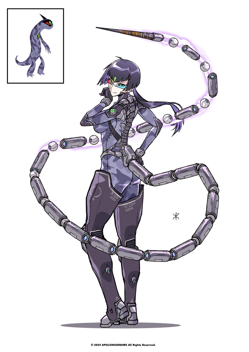 1girl, absurdres, apoloniodraws, armored_boots, ben_10, boots, chamalien, english_text, from_behind, full_body, genderswap, genderswap_(mtf), glass, gloves, hand_on_own_face, highres, jumpsuit, lizard_tail, mechanical_spine, mechanical_tail, omnitrix, ponytail, purple_gloves, tail, violet_eyes