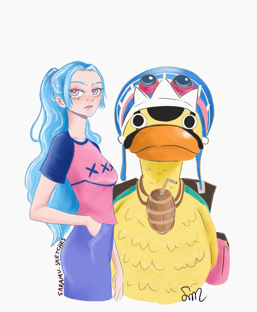 1girl, animal, artist_name, bird, blue_hair, cropped_legs, drinking_straw, duck