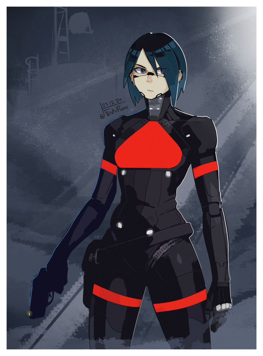 1girl, absurdres, android, belt, belt_pouch, black_hair, blue_eyes, dated