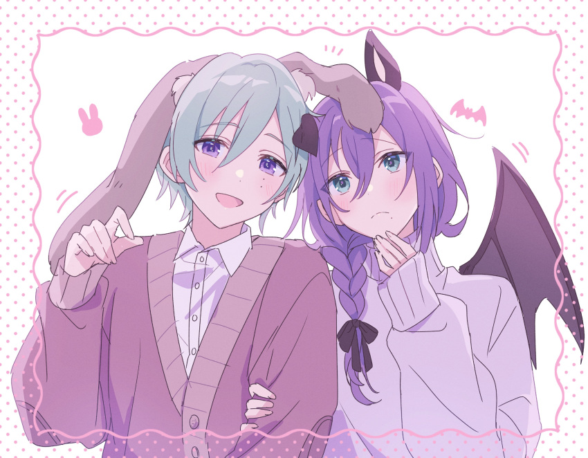 2boys, :d, animal_ears, ayase_mayoi, bat_ears, bat_wings, border, dot_nose