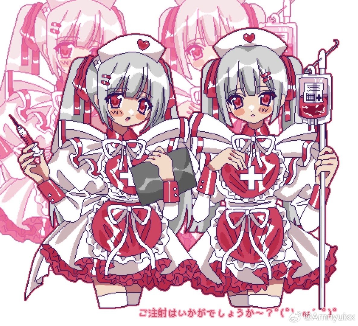 2girls, amnyuixx, apron, blunt_bangs, blunt_ends, blush_stickers, bow, collared_dress