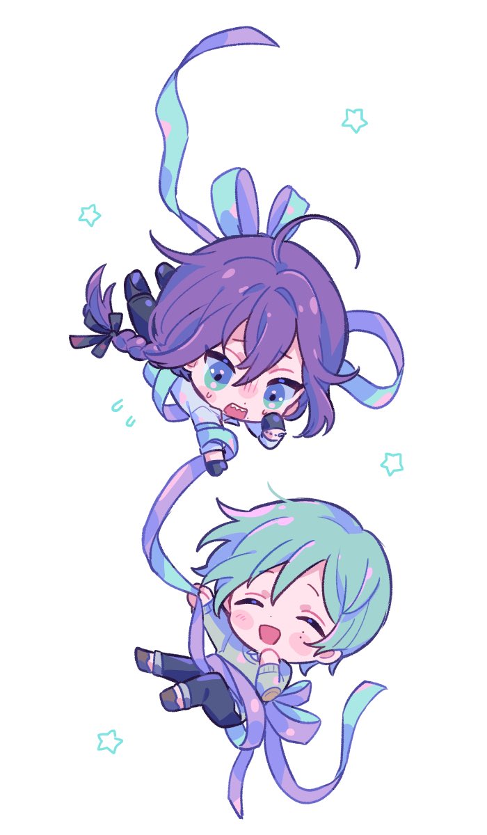 2boys, :d, aqua_ribbon, ayase_mayoi, chibi, chibi_only, dot_nose, double-parted_bangs