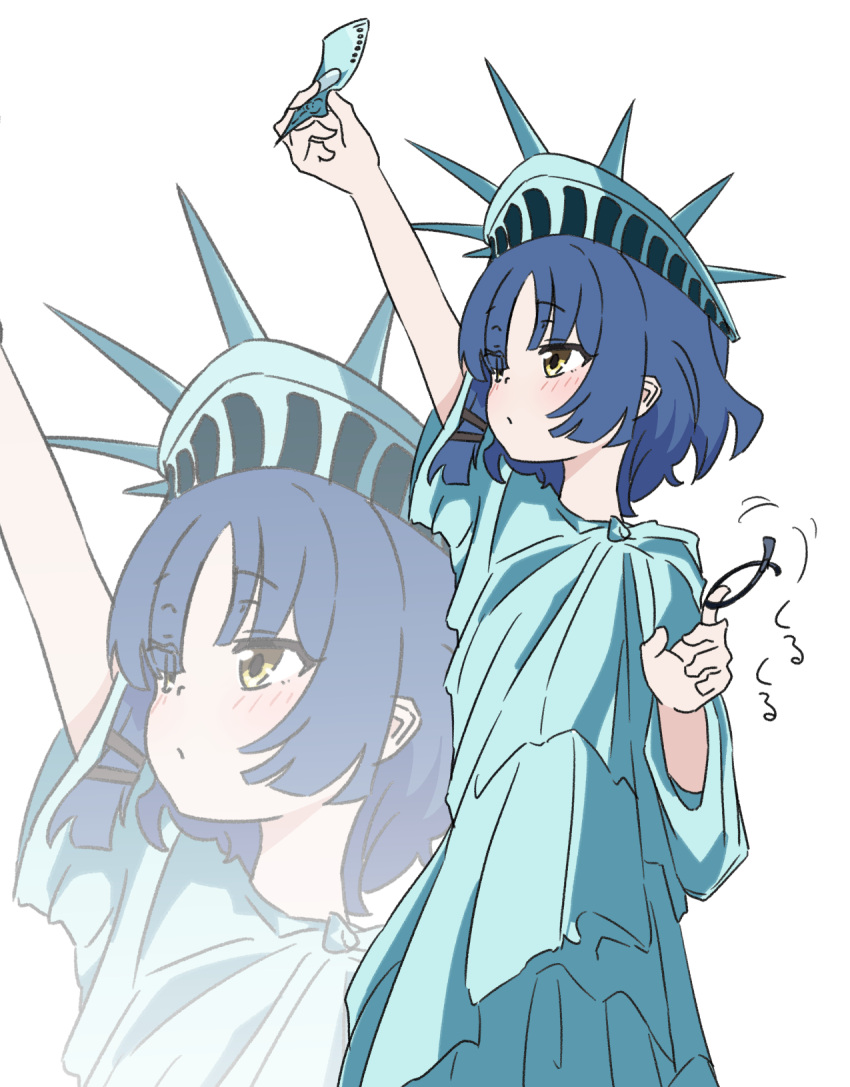 1girl, banknote, blue_hair, bocchi_the_rock!, cosplay, dollar_bill, dress, h14_drawing, hair_ornament, highres, holding, money, short_hair, solo, standing, statue_of_liberty, yamada_ryo, yellow_eyes