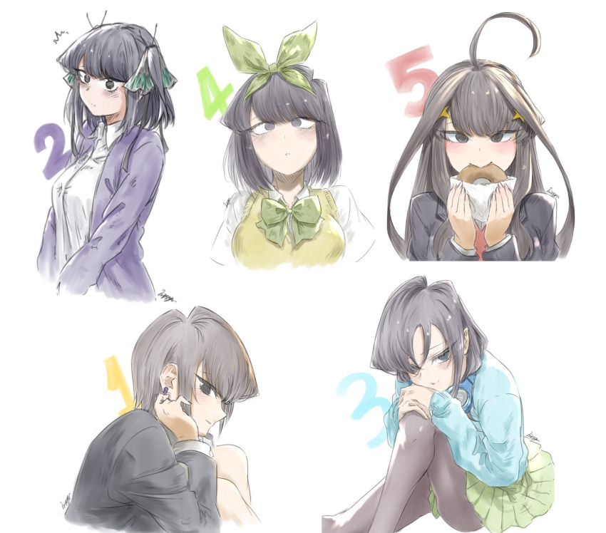 1girl, ahoge, alternate_hairstyle, bagel, black_eyes, black_hair, black_jacket, black_pantyhose