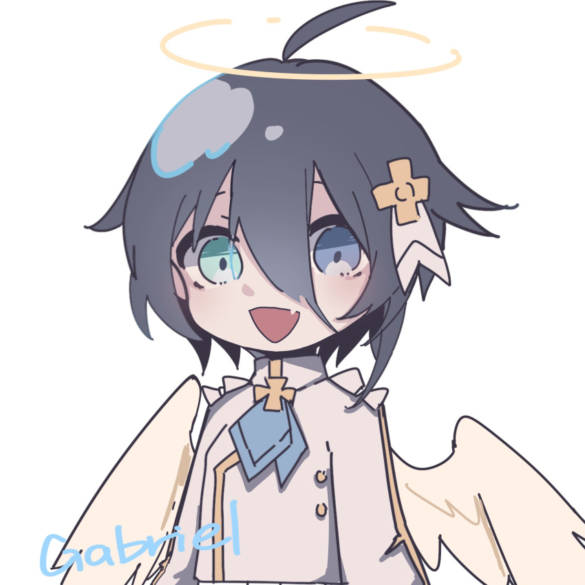 1girl, :d, ahoge, angel, angel_wings, archangel_(helltaker), archangel_(helltaker)_(cosplay), ascot