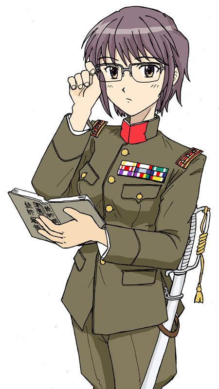 adjusting_glasses, book, commentary, cosplay, crapgame, glasses, imperial_japanese_army, military