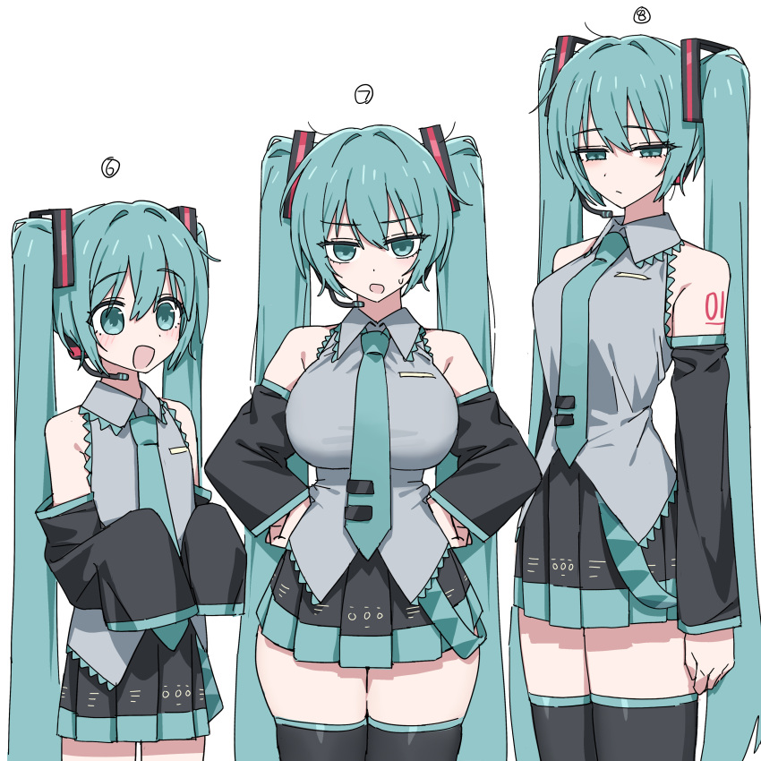 3girls, :/, absurdres, aqua_eyes, aqua_hair, aqua_necktie, black_thighhighs, breasts, channel_(_caststation), channel_(caststation), commentary_request, detached_sleeves, flat_chest, hands_on_own_hips, hatsune_miku, headset, highres, large_breasts, long_hair, medium_breasts, miniskirt, multiple_girls, multiple_persona, necktie, number_tattoo, open_mouth, pleated_skirt, shirt, shoulder_tattoo, skirt, sleeveless, sleeveless_shirt, sleeves_past_fingers, sleeves_past_wrists, smile, sweatdrop, tattoo, thigh-highs, twintails, very_long_hair, vocaloid