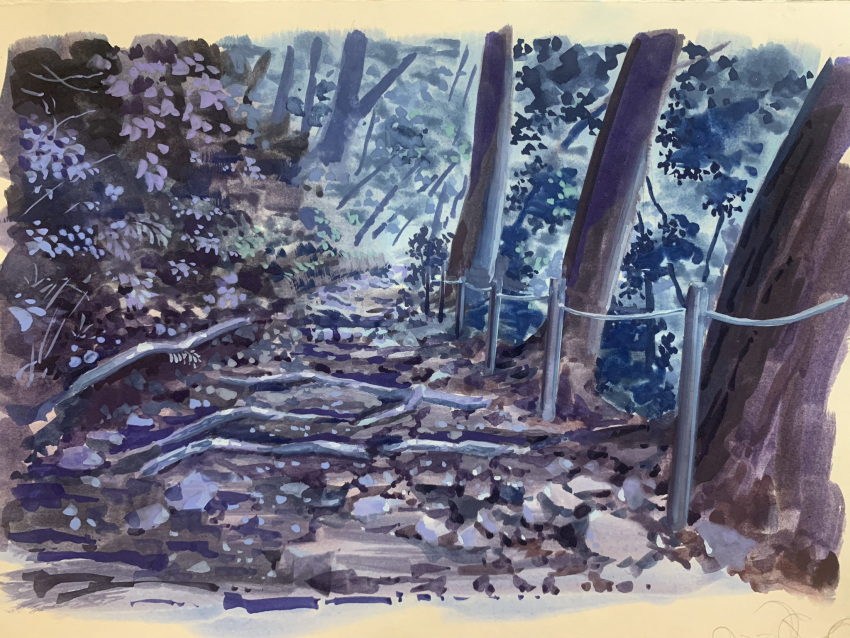 bush, day, doremifa84, fence_post, forest, highres, hill, nature, no_humans, original, painting_(medium), plant, rock, rope, rope_fence, traditional_media, tree