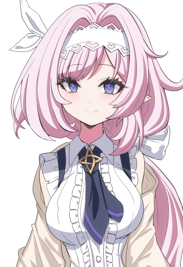 1girl, blue_eyes, breasts, coat, elf, elysia_(honkai_impact), elysia_(miss_pink_elf)_(honkai_impact), headband, honkai_(series), honkai_impact_3rd, large_breasts, long_hair, looking_at_viewer, official_alternate_costume, pink_hair, pointy_ears, shirt, simahugu284, simple_background, smile, triquetra, upper_body, white_background, white_headband, white_shirt