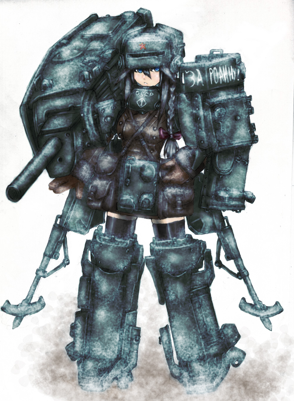 blue_eyes, cannon, gloves, gun, helm, helmet, highres, kv-2, mecha_musume, military, military_vehicle, original, panzer, personification, russian, solo, soviet, star, tank, thigh-highs, thighhighs, translated, vehicle, weapon
