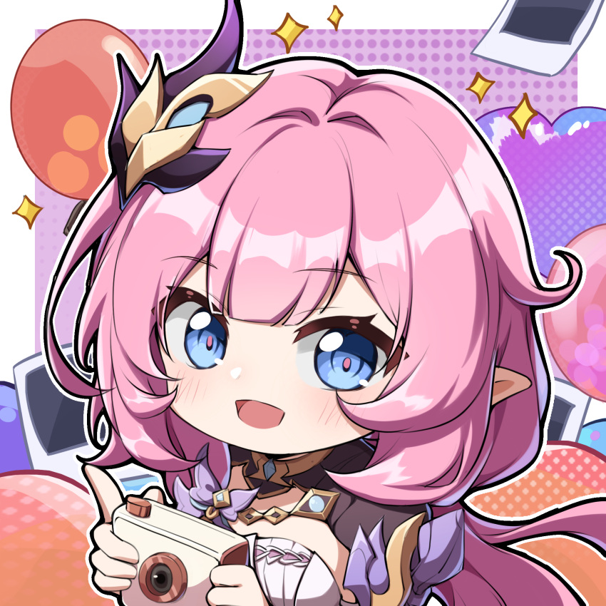 1girl, balloon, blue_eyes, camera, chibi, corset, elf, elysia_(honkai_impact)