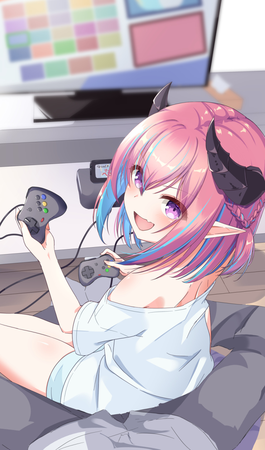 1boy, 1girl, :d, back, bare_shoulders, blue_hair, blurry, blush