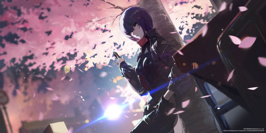 1girl, 1other, absurdres, against_tree, artist_request, bench, black_gloves, black_jacket, blurry, blurry_background, bottle, breasts, cherry_blossoms, closed_mouth, commander_(girls'_frontline), commentary, company_name, copyright_notice, crossover, denim, dutch_angle, english_commentary, ghost_in_the_shell, ghost_in_the_shell:_sac_2045, girls_frontline, gloves, griffin_&amp;_kryuger_military_uniform, hair_between_eyes, hand_on_own_hip, highres, holding, holding_bottle, impossible_clothes, jacket, jeans, kusanagi_motoko, leotard, long_sleeves, looking_at_viewer, medium_breasts, official_art, outdoors, pants, partially_fingerless_gloves, petals, purple_hair, second-party_source, short_hair, sign, sitting, solo, tree, triangle, under_tree, violet_eyes