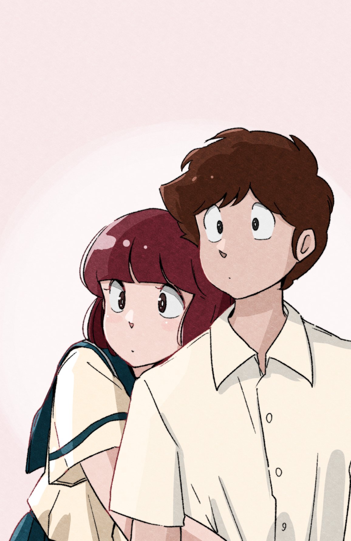 1980s_(style), 1boy, 1girl, black_eyes, blue_sailor_collar, blue_skirt, blunt_bangs, bob_cut