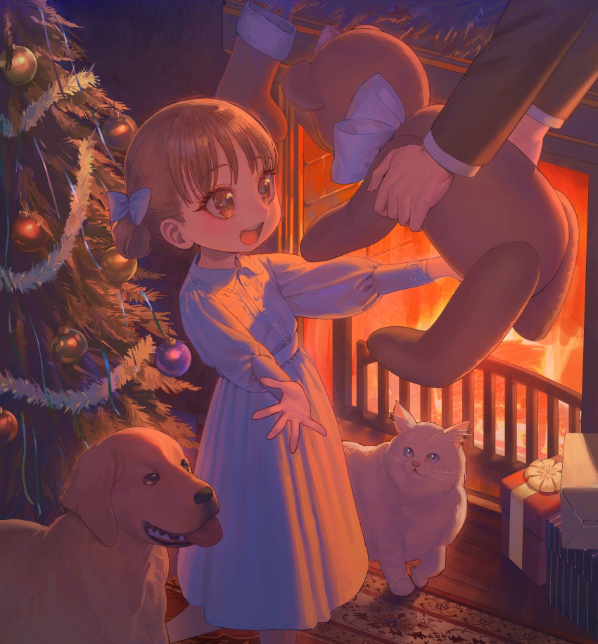 1girl, :d, animal, bad_id, bad_twitter_id, blue_bow, bow, brown_eyes