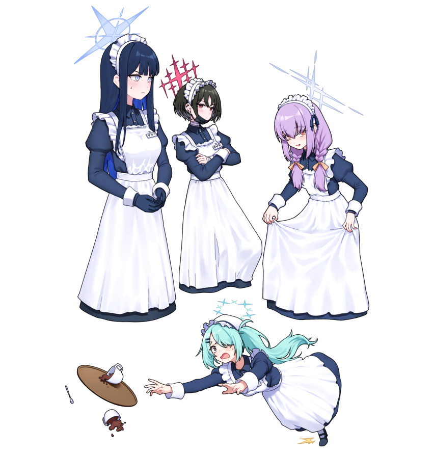 4girls, alternate_costume, apron, aqua_hair, arius_squad_(blue_archive), artpatient, atsuko_(blue_archive), black_hair