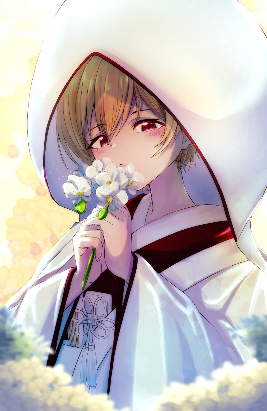 1girl, absurdres, blonde_hair, blurry, blush, commentary_request, depth_of_field, flower