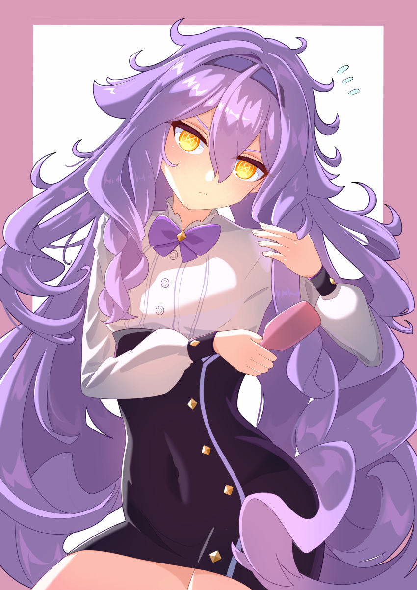 1girl, absurdres, black_skirt, bow, breasts, closed_mouth, covered_navel, eight_(eight3rd1), flying_sweatdrops, hair_between_eyes, hair_brush, hairband, head_tilt, high-waist_skirt, highres, holding, honkai_(series), honkai_impact_3rd, long_hair, long_sleeves, looking_at_viewer, orange_eyes, pink_background, puffy_long_sleeves, puffy_sleeves, purple_bow, purple_hair, purple_hairband, shirt, sirin, skirt, small_breasts, solo, two-tone_background, very_long_hair, white_background, white_shirt