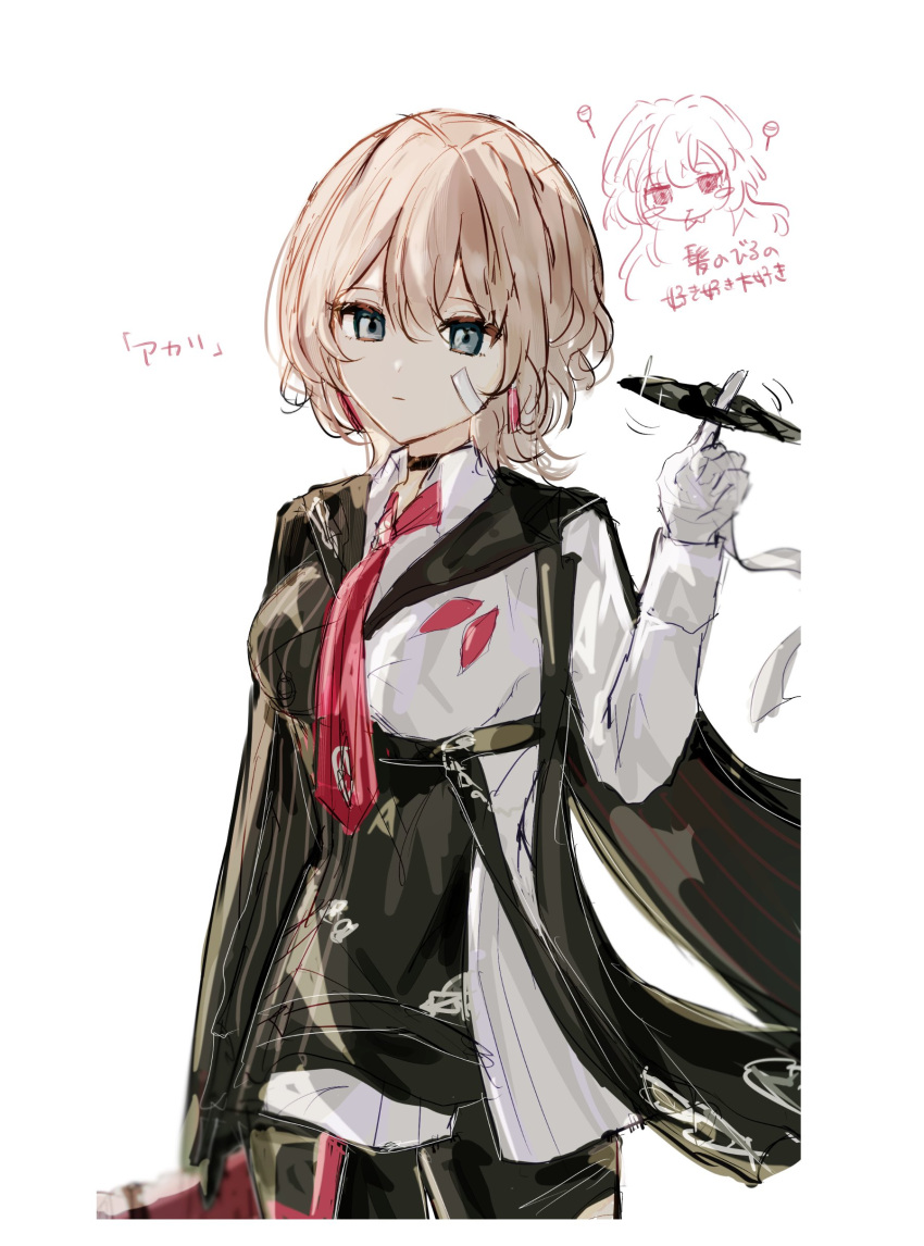 1girl, absurdres, black_jacket, black_pantyhose, black_skirt, chibi, chibi_inset, closed_mouth, collared_shirt, cowboy_shot, gloves, hand_up, highres, honkai_(series), honkai_impact_3rd, index_finger_raised, jacket, lantern_(honkai_impact), long_sleeves, mouth_hold, multiple_views, necktie, pantyhose, red_necktie, rosu_(rostar1r), shirt, simple_background, sketch, skirt, striped_clothes, striped_jacket, translation_request, vertical-striped_clothes, vertical-striped_jacket, white_background, white_gloves, white_shirt