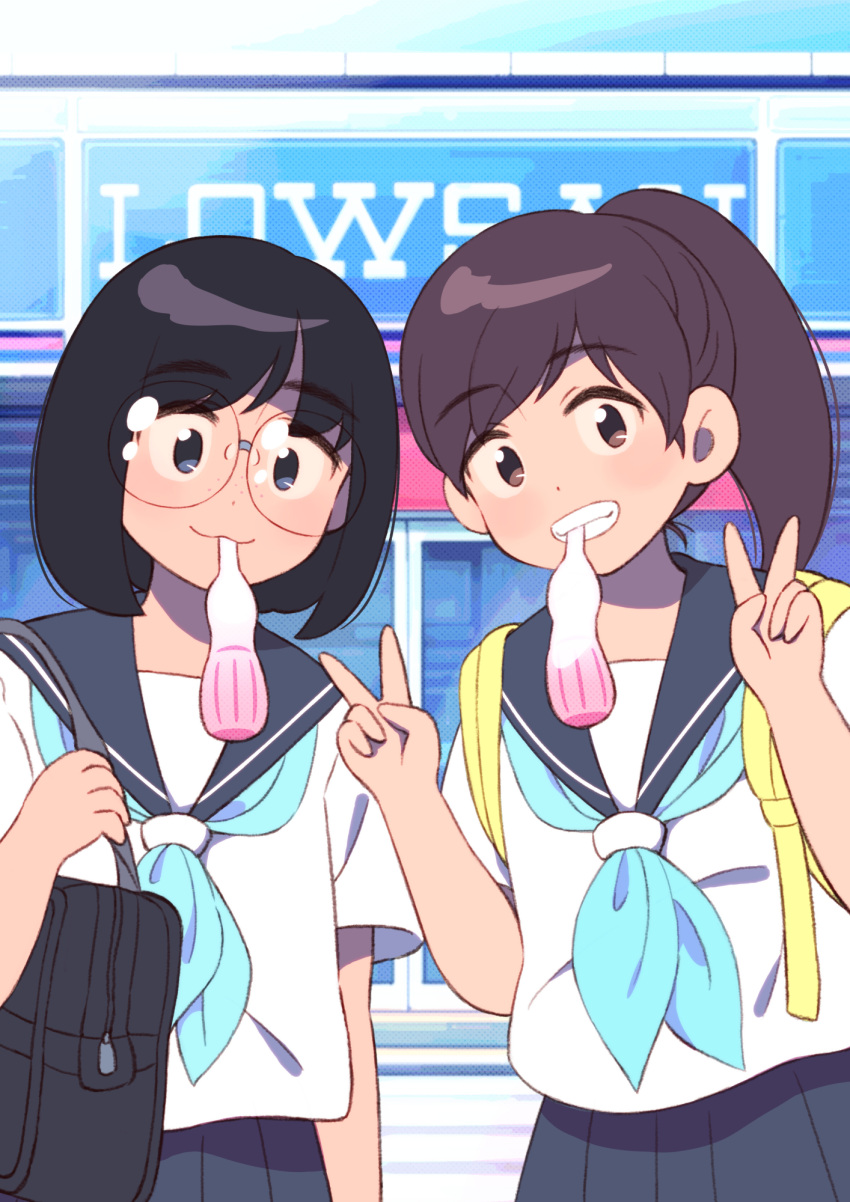 2girls, aqua_neckerchief, aragon_honnin, backpack, bag, black_bag, black_hair, black_sailor_collar