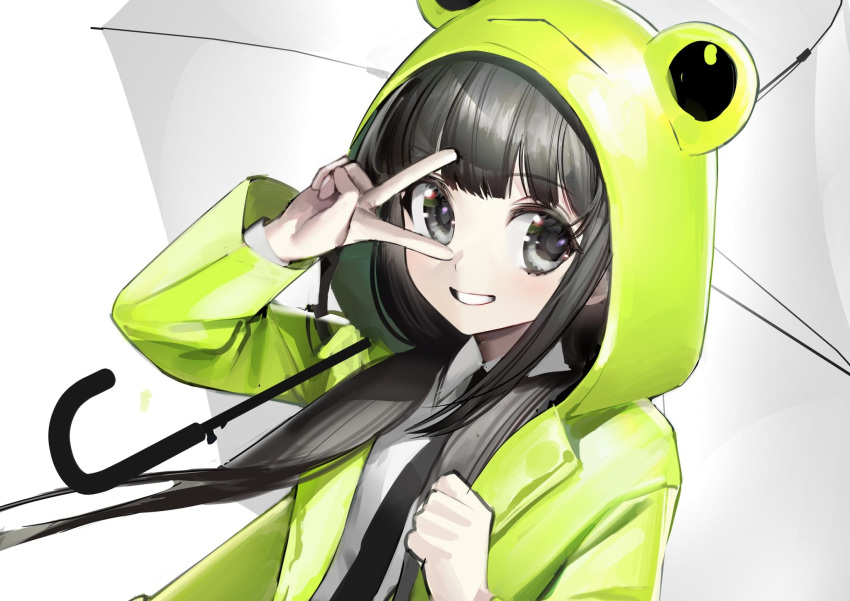 1girl, animal_hood, bad_id, bad_twitter_id, black_eyes, black_hair, black_necktie, blunt_bangs, coat, collared_shirt, frog_hood, green_coat, hands_up, highres, holding, holding_umbrella, hood, hood_up, long_hair, long_sleeves, looking_at_viewer, low_twintails, necktie, open_mouth, original, paldu, raincoat, shirt, smile, solo, twintails, umbrella, upper_body, v, white_shirt, white_umbrella